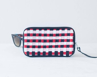 Leather zipper purse with handwoven strips, coin purse zipper phone case money bag iphone 7 case zip purse - The Antheia Zipper pouch