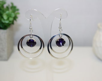 Genuine Swarovski Purple Velvet Crystal Silver Plated Round Dangle Earrings