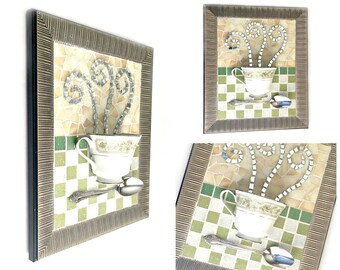 Mosaic Teacup Art, Sage Green Mosaic Floral Teacup Art, Mixed Media Coffee Art, Framed Tea Cup Art, Tea Lover Kitchen Mosaic Art, Teacup Art