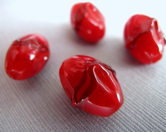 4pcs Vintage Italian Red Glass Beads 17x12 - Destash - Red Beads - B-01RP-59