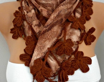 Earth Tones - Brown Floral Scarf,Fall Winter Scarf,Bohemian,Valentine's,Holiday Gift,Women Scarves