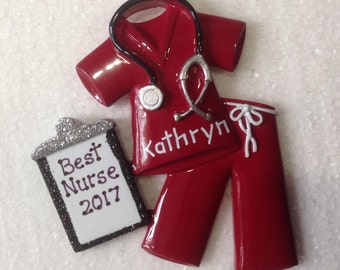 Personalized Christmas Ornaments-Burgundy Scrubs - Nurse, Doctor, RN, CNA Healthcare Professional, Hospital Technician gift