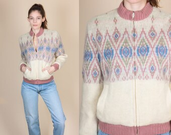 80s Icewool Zip Up Cardigan Sweater - Small // Vintage Icelandic Fair Isle Wool Jacket