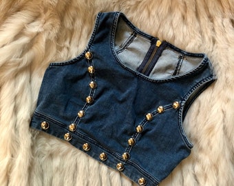 Mississippi Queen Salvaged Stretch Denim Back Zip Studded Crop Top