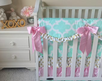 Mint Crib Bedding, Gold Dot Baby Bedding, Baby Pink Bumperless 3pc Crib Bedding, Baby Girl Bedding, Baby Bedding for Girls, Mint Crib Set