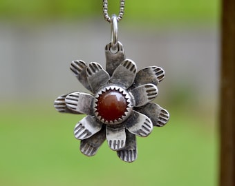 Garden Flower . Sterling Silver. Carnelian Necklace. Handmade . Fine Silver . Rustic . Earthy . Boho .