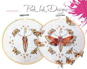 Embroidery pattern, moths in hoop.