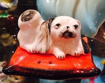 Napco Pekinese Dog on a Red Pillow Salt and Pepper Shakers made in Japan circa 1950s