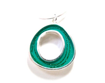 Green retro necklace, green,sterling silver,resin inlay,mixed media,hand made