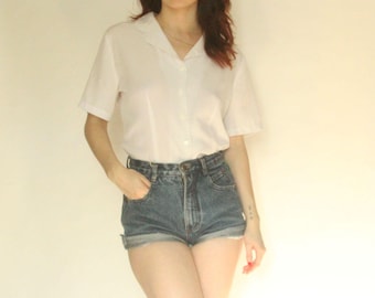 90s White Button Up Blouse S M