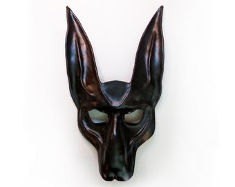 Black Jackal Leather Mask Anubis Egypt Egyptian Dog wide elastic straps 14" tall entirely handcrafted