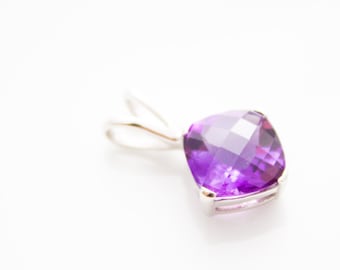 Purple Amethyst silver pendant, square pendant February birthstone, Amethyst necklace, sterling silver 925 amethyst pendant natural gemstone