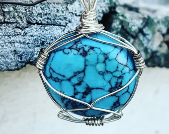 Turquoise wire wrapped stone pendant
