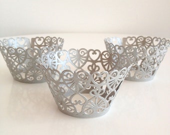 12 Silver Shimmer Lace Heart Laser Cut Cupcake Wrappers, 12 ct - Grey Cupcake Wrap