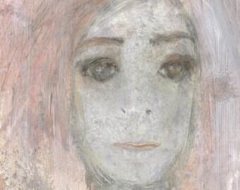 neutral colors woman portrait painting grey beige muted Wall art face original vertical bedroom artwork Gift for women sister men brother