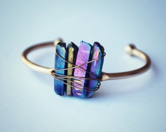 titanium quartz cuff bracelet, crystal bracelet, quartz jewelry, crystal jewelry, gold cuff, stone cuff