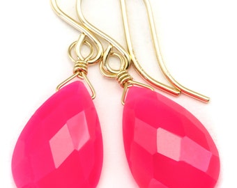 Hot Pink Chalcedony Earrings AAA Faceted Briolette Drops 14k Gold Filled or Sterling Silver Pear Shape Neon Fuchsia Magenta Classic Drops