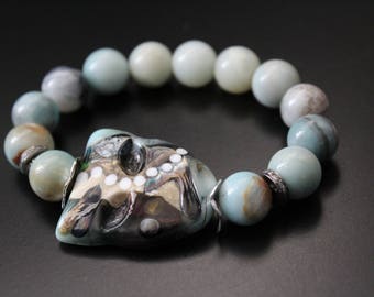 SALE Originally 134.00 Now 107.00 - Artisan lampwork mask bracelet, amazonite bracelet, genuine diamond bracelet, boho stretch bracelet