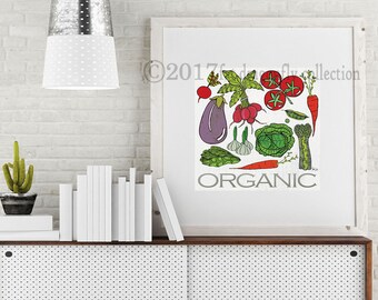 Organic Vegetable art print. Garden Kitchen decor. Kitchen wall art. Garden Veggies poster. Organic Veggies print for home. Shanni Welsh