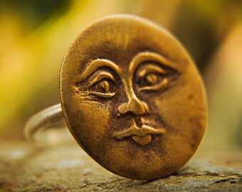 Moon Ring, Delicate Ring, Dainty Ring, Boho Engagement Ring, Moon Face Ring, Moon Face Jewelry, Minimalist Engagement Ring, Bronze Moon Face