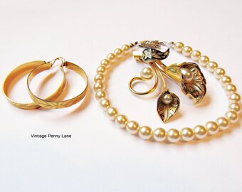 Vintage Pearl, Gold, Damascene Costume Jewelry, Destash Lot