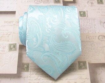 Mens Tie. Wedding Neckties Pastel Pool Blue Pale Blue Paisley Mens Tie. Groomsmens Ties
