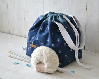 Knitting or Crochet drawstring project bag Canvas tote with pockets Work in progress bag Needlework storage Customisable pouch Knitters gift