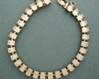 Rhinestone Bracelet Baguettes*Vintage Clear Rhinestones *Prong Set Rhinestones*1960's Rhinestone Bracelet*Safety Chain*Silver Tone Metal