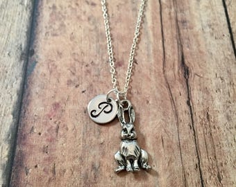 Bunny initial necklace - bunny rabbit necklace, rabbit jewelry, rabbit charm necklace, silver rabbit necklace, Easter jewelry