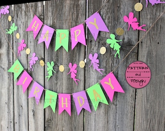 Gold Paper Fairy Birthday Banner, Pink Purple and Green Fairy Birthday Garland, Girl's Birthday Party Decor, Gold Glitter Happy Birthday