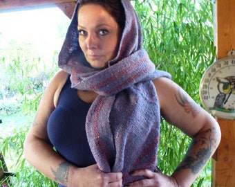 Handwoven/Handspun Scarf in Blue and Red Plaid Merino Wool and Mulberry Silk