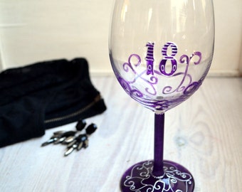 18th birthday gift, purple wine glasses, hand painted wine glasses, gift for her, 18th birthday glass, gift for her