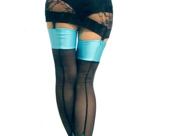 Seamed cuban heel power net stockings - black & turquoise