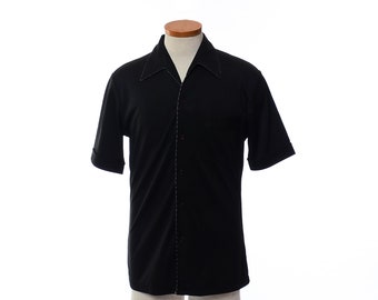 Vintage 70s Joel Black Disco Shirt 1970s Short Sleeve Polyester Pimp Shirt Prom Retro Dance Party Shirt / mens M