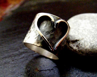 Silver Statement Heart Rustic ring Sterling Statement wide band heart ring