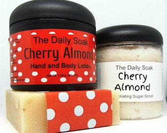 Mothers Day Gift Set, Soap gift set, Cherry Almond gift set, Soap, Lotion and Sugar Scrub gift set