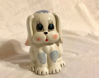 Kitschy 1990s Doggy Bank Hand Painted White and Blue Dog Piggy Bank Figurine Collectable Animal Porcelain Bank