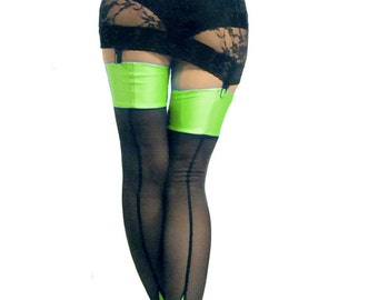 Seamed cuban heel power net stockings Black Neon Green