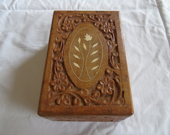 Hand carved wooden box with bone inlay, probably from India