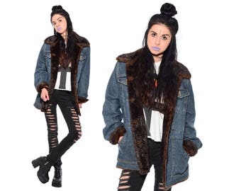 Vintage 90s Denim Plush FAUX FUR Collar Trim Grunge Boho Hippie Jean Jacket Coat M L vtg
