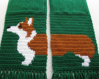 Corgi Dog Scarf. Emerald green, crochet scarf with Welsh corgi dogs. Knit dog scarf. Scarves with Pembroke welsh corgis. Corgi gift
