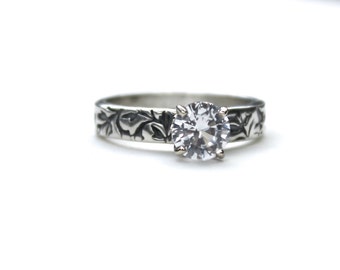 white sapphire engagement ring . unique engagement ring . bohemian diamond alternative ring . recycled silver ring 10k white gold setting