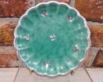 Small Gustavsberg Sweden Argenta Silver Overlay Pottery plate / dish Leaves Scallops Kage