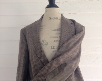 Vintage Wool Plaid Professor's Jacket w Suede Gray Elbow Patches