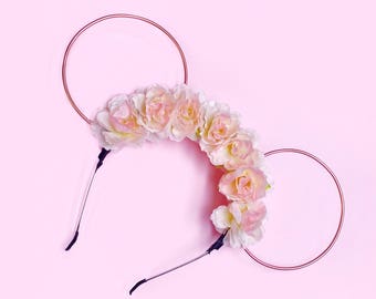 Pale Pink Flower Crown and Rose Gold Wire Mouse Ears Headband