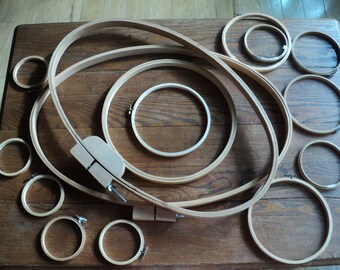 15 Vintage Wooden Embroidery Hoops, all sizes and shapes in Very Good Condition for recycling, repurposing or reusing for Fiber Art projects