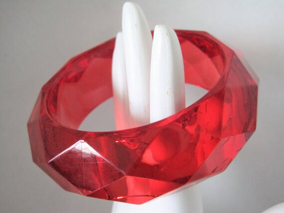 Red Cherry Bangle, Faceted Lucite, Wide Statement Bracelet.