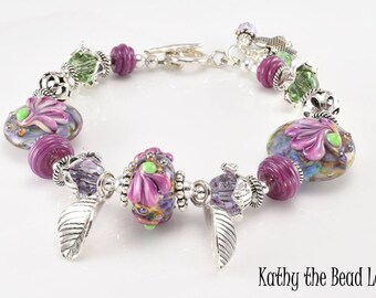 Lampwork Bracelet - Lampwork Purple Iris Sterling Silver Bead Bracelet - KTBL