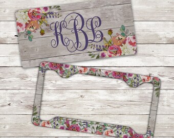 Monogrammed License Plate, Floral License Plate Frame, License Plate and Frame Set, Custom License Plate, Custom License Plate Frame