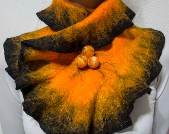 Felted Wool Scarf, Orange Neckpiece, Wool Scarf, Neck Warmer, Gift for Her